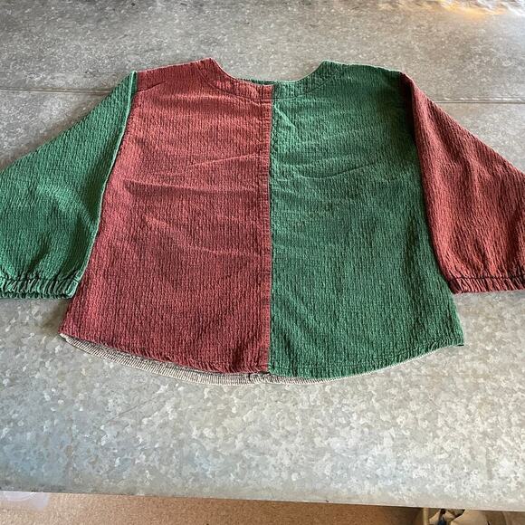 Vintage Boxy Fit Lagenlook Shirt Womens M/L Oversized Red Green Brown Blouse - Picture 1 of 6